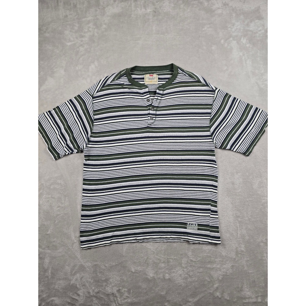 Vintage Levi's Henley Shirt Mens L Green Striped Short Sleeve Cotton Tee